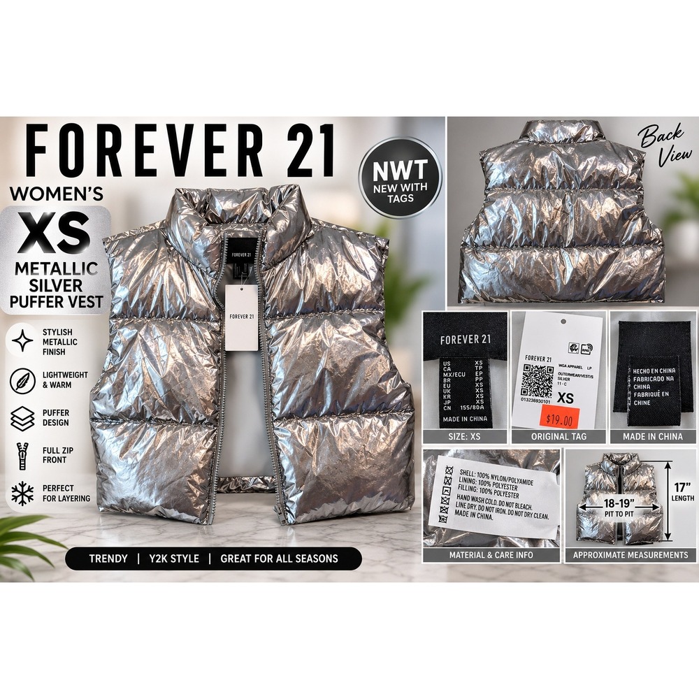 Forever 21 Womens XS Metallic Silver Puffer Vest Y2K Shiny Quilted Zip Up
